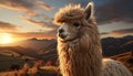 A fluffy alpaca grazes in the sunset, a rural adventure generated by AI