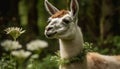 Fluffy alpaca grazing in green meadow, cute portrait generated by AI