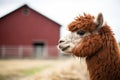 fluffy alpaca profile, barn in distance Royalty Free Stock Photo