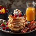 Fluffy American Pancakes with Maple Syrup and Fresh Berries