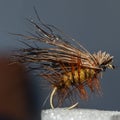 Fluffy artificial fly, caddis pupa imitation. Fly fishing.