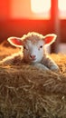 Fluffy Baby Lamb Resting on Soft Hay Bale with Red Barn in Background