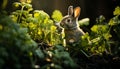 Fluffy baby rabbit sitting in green grass, eating outdoors generated by AI Royalty Free Stock Photo