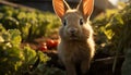 Fluffy baby rabbit sitting in green meadow, eating grass generated by AI