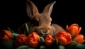 Fluffy baby rabbit sitting in tulip field generated by AI Royalty Free Stock Photo