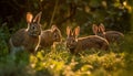 Fluffy baby rabbits hop in meadow, enjoying springtime nature generated by AI