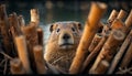 Fluffy beaver on log focused and playful generated by AI