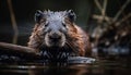 Fluffy beaver looking at pond reflection generated by AI