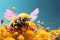 fluffy bee with pink wings collecting flower pollen against blue background