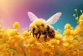 fluffy bee with transparent wings collecting flower pollen against blurry background. Royalty Free Stock Photo