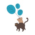 Fluffy Black Cat or Tabby Dropping Pot with Flower Vector Illustration