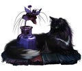 Fluffy black cat and a vase with a dark flower. Watercolor drawing Royalty Free Stock Photo