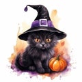 Fluffy black cat with violet ribbon and orange pumpkin on white backdrop