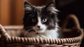 A fluffy black and white kitten sitting in a basket created with Generative AI