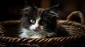 A fluffy black and white kitten sitting in a basket created with Generative AI