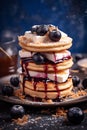 Fluffy Blueberry Pancakes with Syrup and Butter on Dark Blue Plate Royalty Free Stock Photo