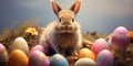 Fluffy bunny with colored easter eggs, nature background Royalty Free Stock Photo