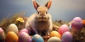 Fluffy bunny with colored easter eggs, nature background