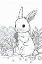 Fluffy bunny eating grass, line art for coloring book, white background, AI generative