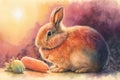 A fluffy bunny nibbling on a carrot, with a watercolor background a sunny day Generative AI