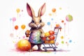 Fluffy Bunny Rabbit Pushing Shopping Cart in Magical Candy Land with Easter Eggs and Candy