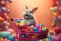 Fluffy Bunny Rabbit Pushing Shopping Cart in Magical Candy Land with Easter Eggs and Candy