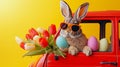 fluffy bunny in a red truck is carrying bouquet of tulips and eggs, yellow background, Easter greeting card Royalty Free Stock Photo