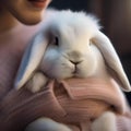 A fluffy bunny with soft fur, being cradled in the arms of a gentle child1