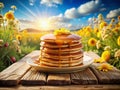 Fluffy Buttery Pancakes Stacked High with Maple Syrup Drizzle A Rustic Delight for a Perfect Breakfast or Brunch Royalty Free Stock Photo