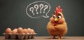 Fluffy cartoon chicken stares at eggs with confused expression. A speech bubble shows many question marks above its head. This Royalty Free Stock Photo
