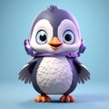 Fluffy Cartoon Penguin With Purple Headphones - Childlike And Inventive Character Design
