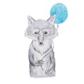 Fluffy cartoon realistic wolf holding a blue balloon