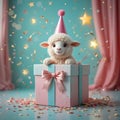 Fluffy Cartoon Sheep Popping from Eid Gift Box with Confetti Royalty Free Stock Photo