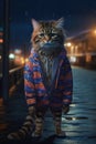 Fluffy Cat in Beach Suit at Night in Downtown Tokyo Surrealistic Elements. Perfect for Posters and Web. Royalty Free Stock Photo