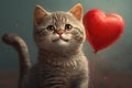 Fluffy cat with a heart-shaped balloon. Generative ai Royalty Free Stock Photo