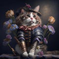 a fluffy cat in a musketeer costume and a hat with flowers on a dark wall background