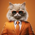 Fluffy Cat In Orange Suit And Tie: A Stylish And Calculated Stylized Portraiture