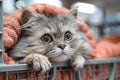 Fluffy cat peeks curiously from its carrier wrapped in a cozy blanket. Royalty Free Stock Photo