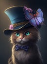 A fluffy cat with a respectful look in a chic hat, AI generation