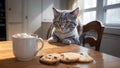 fluffy cat sits at the kitchen table and looks at the food Royalty Free Stock Photo