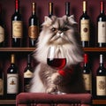 Fluffy cat sommelier holds a glass of red wine against the background of a wine rack Royalty Free Stock Photo
