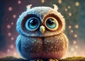 fluffy cheerful baby owl with big eyes