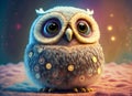 fluffy cheerful baby owl with big eyes