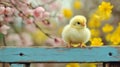 Fluffy Chick Perched On A Weathered Blue Fence Royalty Free Stock Photo