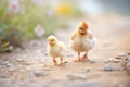 fluffy chicks trailing hen on pebble path