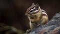 Fluffy chipmunk eating grass, looking at camera, striped fur generated by AI