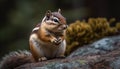 Fluffy chipmunk sitting on grass, looking at camera attentively generated by AI