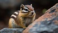 Fluffy chipmunk sitting on rock, eating grass generative AI Royalty Free Stock Photo