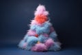 Fluffy Christmas tree in pastel colors, unreal funny cotton fur tree. December holidays