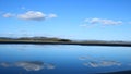 Fluffy clouds, blue sky, calm water, reflections